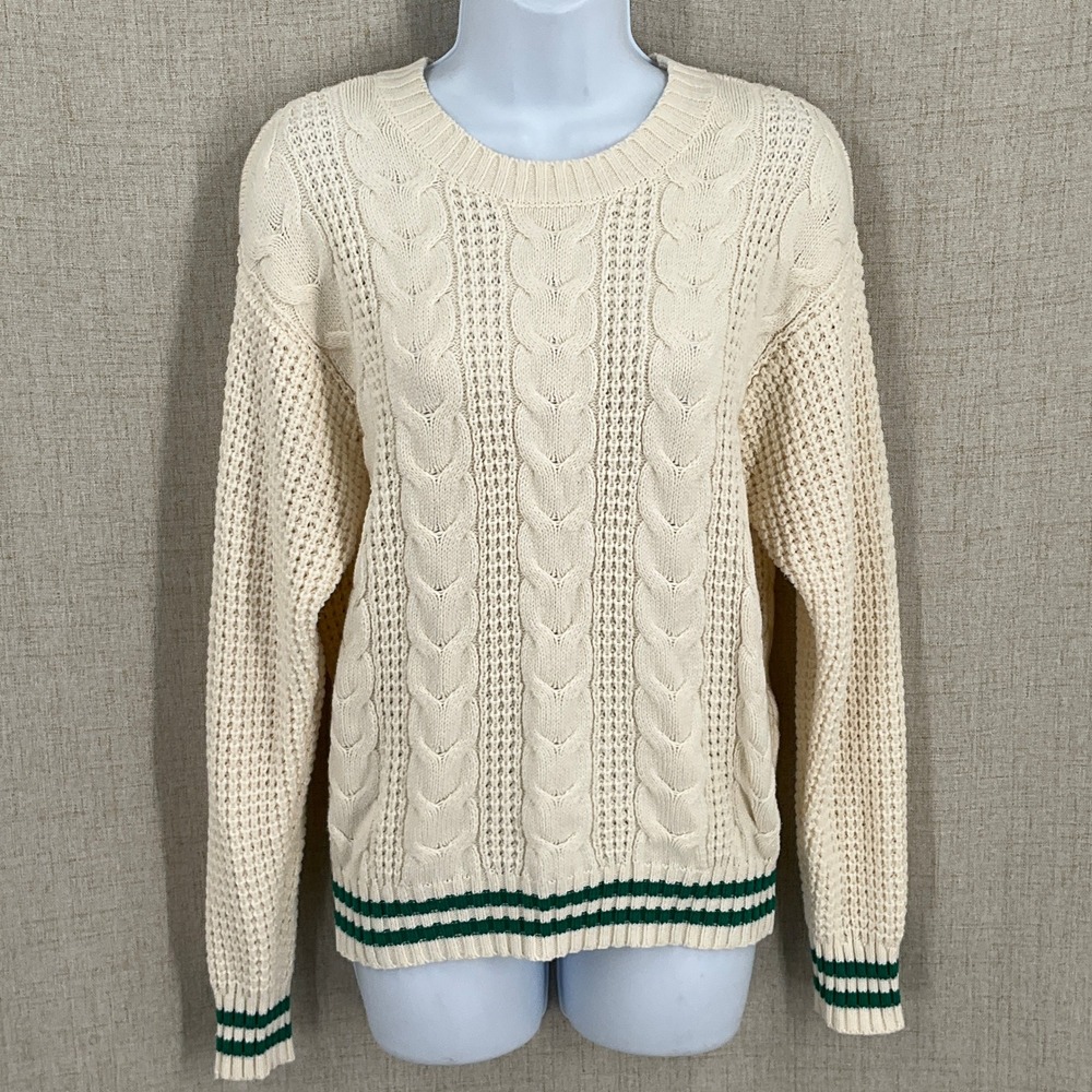 American Eagle Sweater Womens Small Cream Cotton Cable Knit Preppy Green Striped